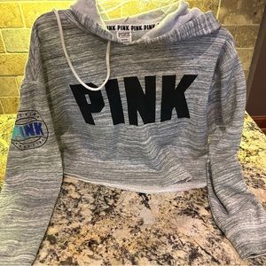 PINK cutoff hoodie. Grey and white. Black letters.
